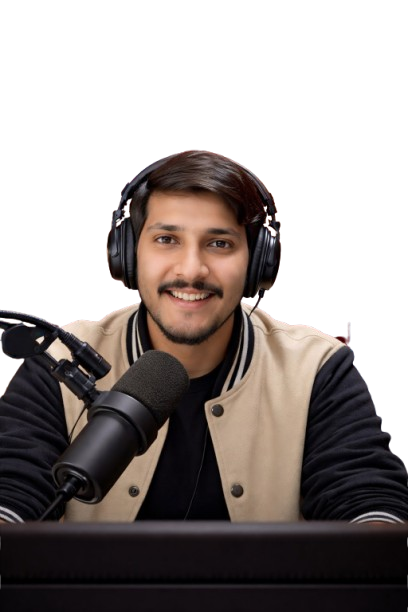 Portrait of Aaryan Goswami wearing headphones at a podcast microphone